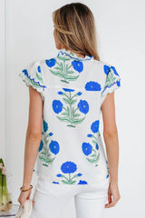 Blue Wild Flower Print Contrast Trim Scallop Detail Short Sleeve Blouse