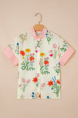 Beige Floral Striped Patchwork Ruffled Collar Short Sleeve Shirt
