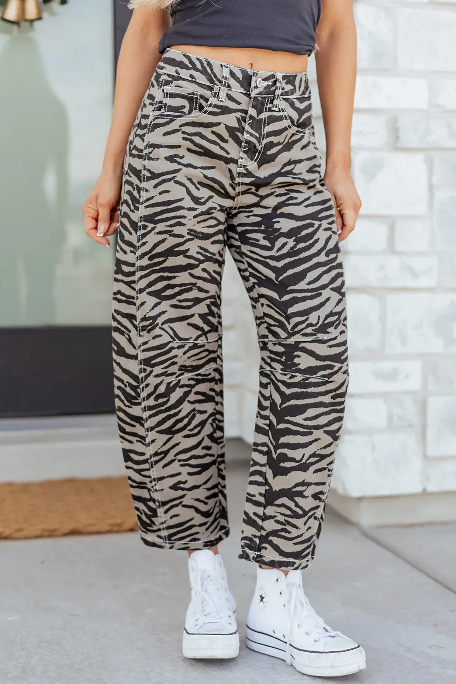 Gray Zebra Stripe Printed Wide Leg Barrel Jeans