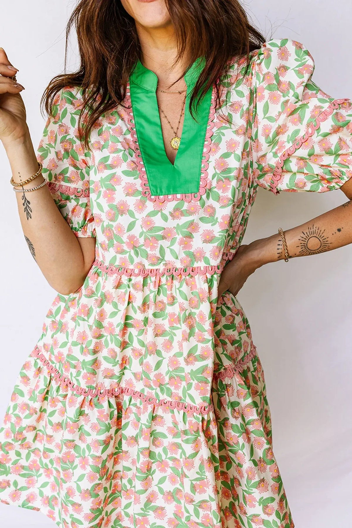 Green Contrast Neckline Ricrac Trim Floral Short Puff Sleeve Dress