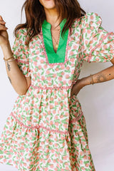 Green Contrast Neckline Ricrac Trim Floral Short Puff Sleeve Dress