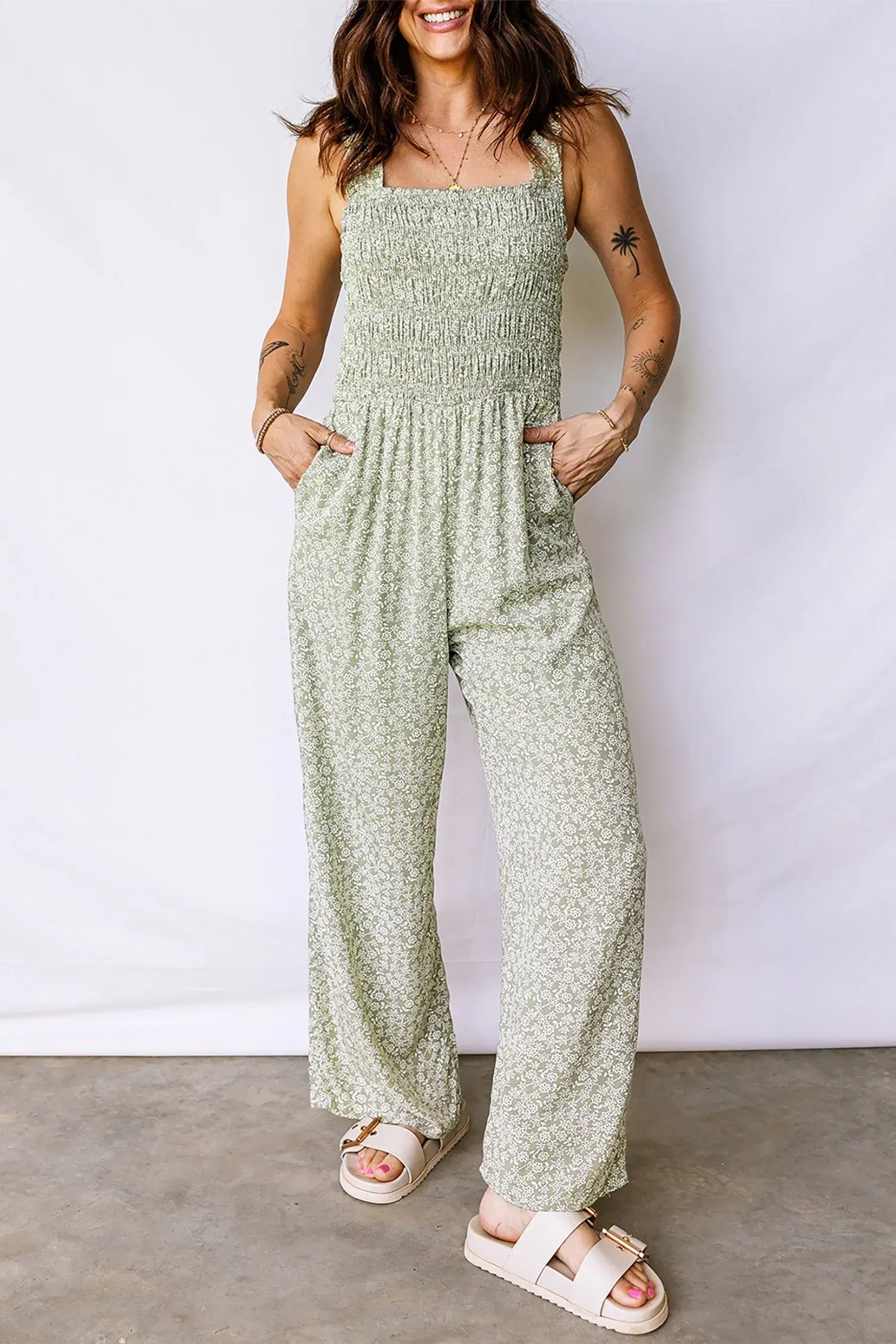 Green Smocked Bodice Square Neck Sleeveless Floral Jumpsuit