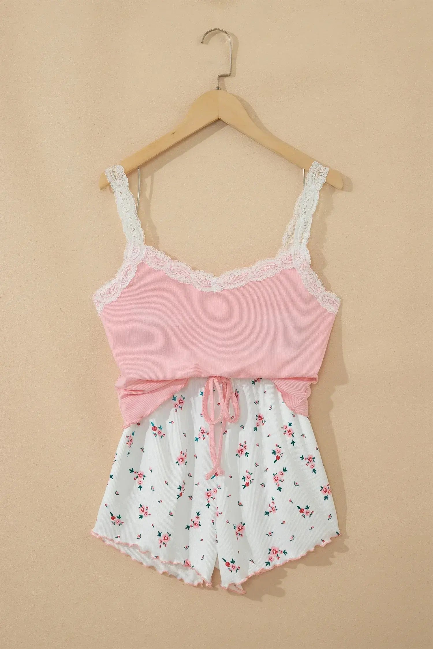 Pink Ribbed Knit Lace Straps Patchwork Lettuce Hem Cropped Top Floral Short Lounge Set
