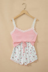 Pink Ribbed Knit Lace Straps Patchwork Lettuce Hem Cropped Top Floral Short Lounge Set