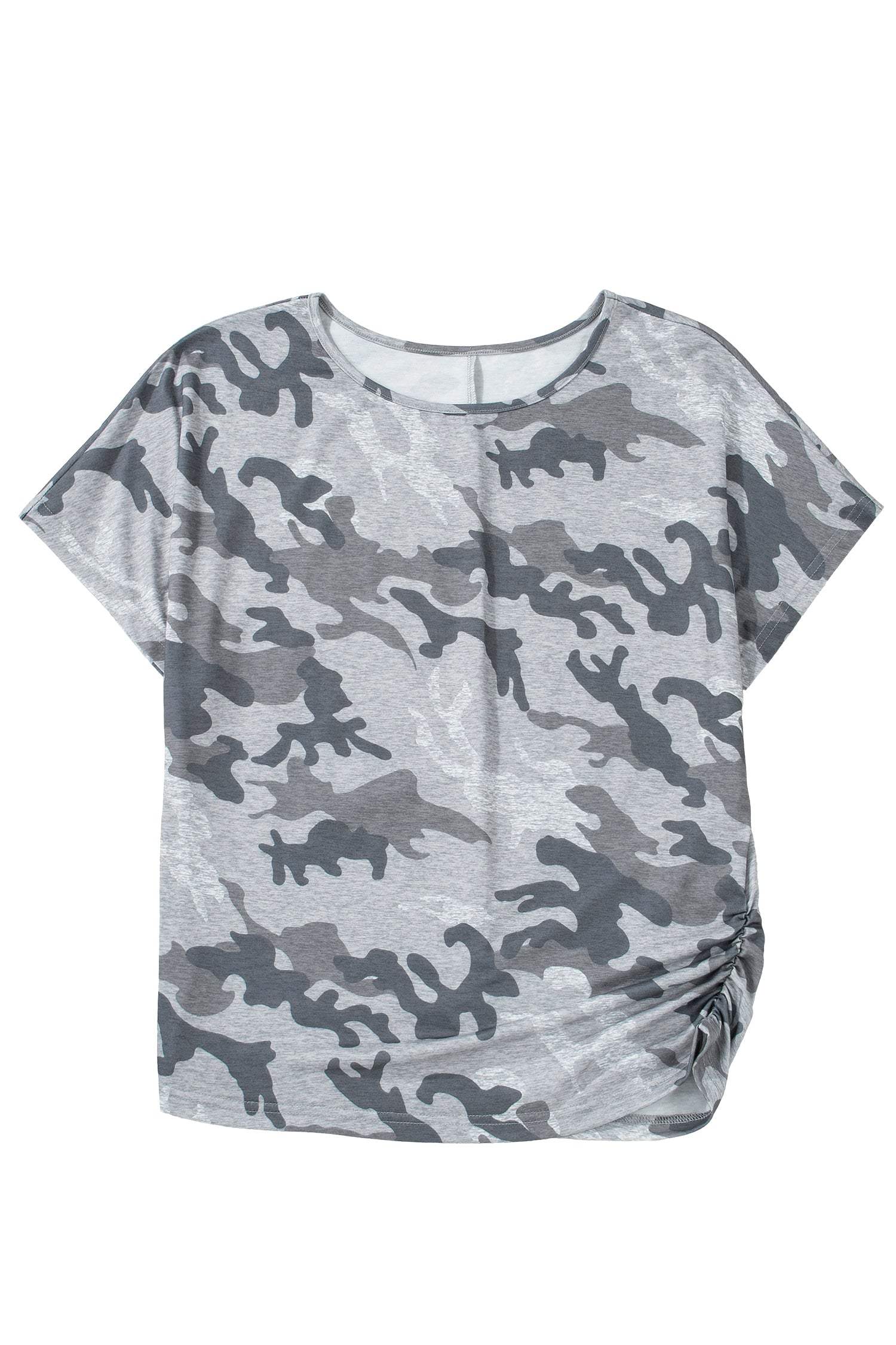Gray Camouflage Print Round Neck T Shirt