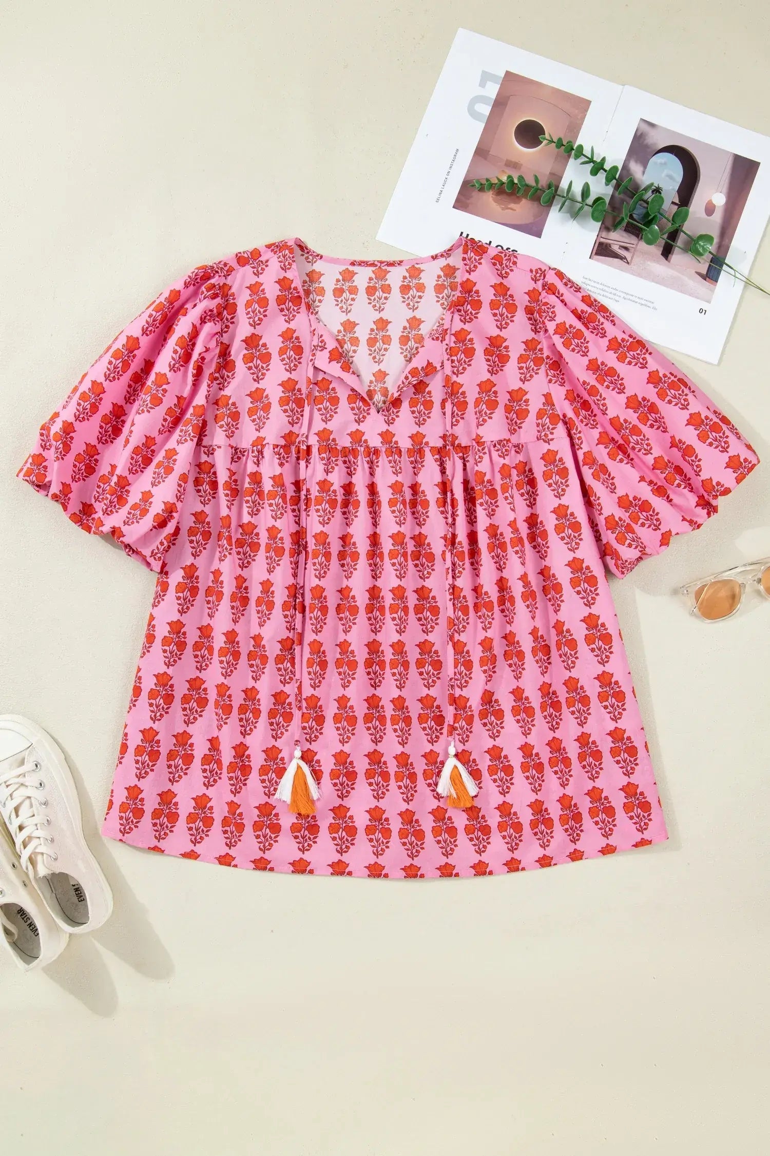 Pink Plus Size Floral Print Tassel Tie Puff Sleeve Cotton Blouse