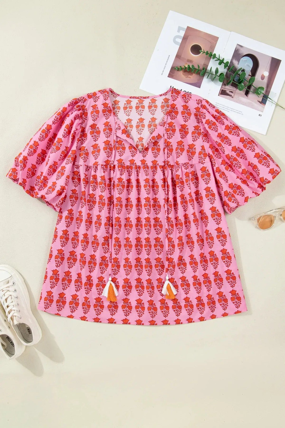 Pink Plus Size Floral Print Tassel Tie Puff Sleeve Cotton Blouse