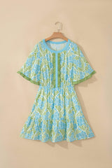 Sky Blue Floral Print High Waist Ruffle Short Sleeve Mini Dress