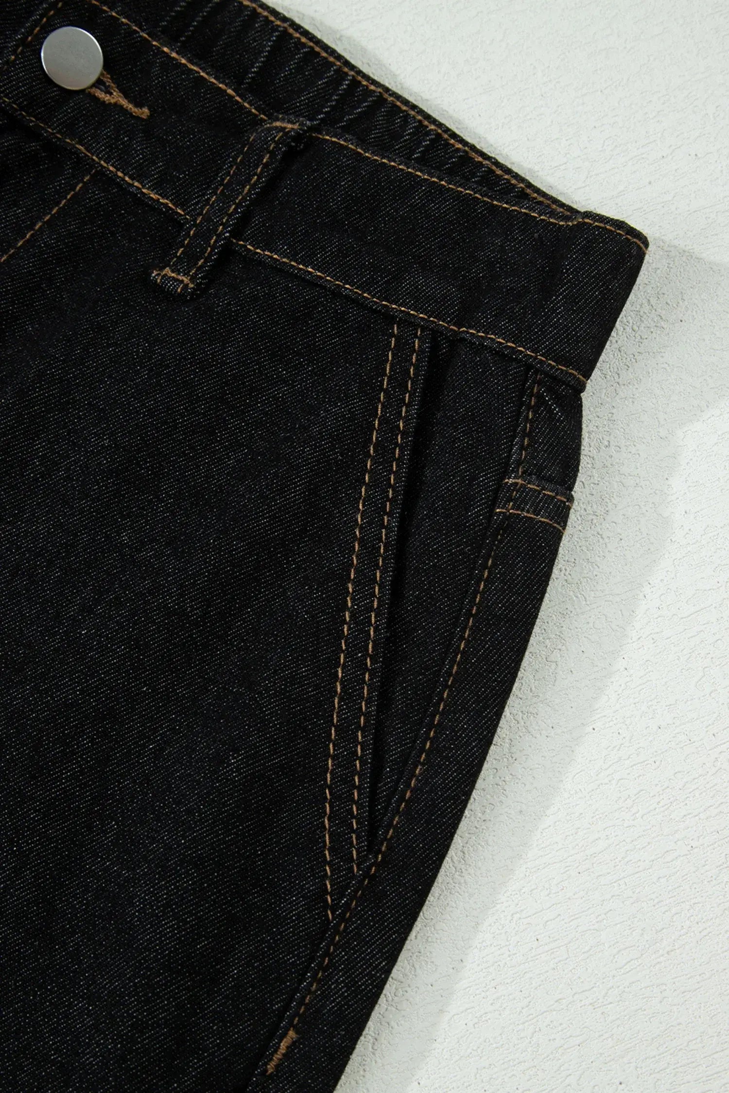 Navy Blue Embroidered Scalloped Trim Relaxed Denim Shorts
