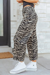 Gray Zebra Stripe Printed Wide Leg Barrel Jeans