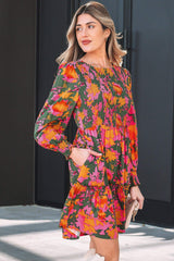 Multicolour Floral Print Long Sleeve Smocked Ruffled Mini Dress
