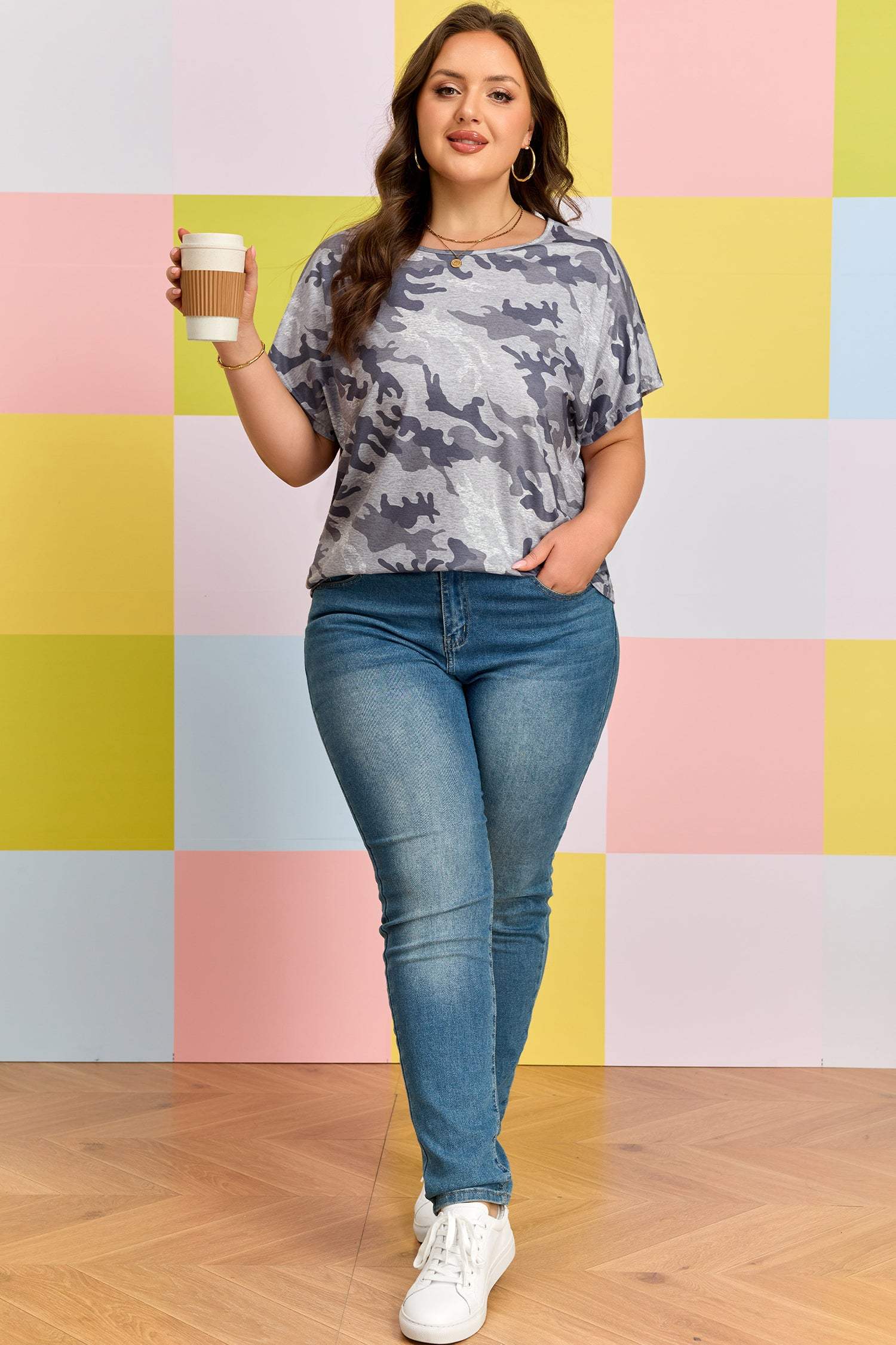 Gray Plus Size Camo Print Casual T Shirt