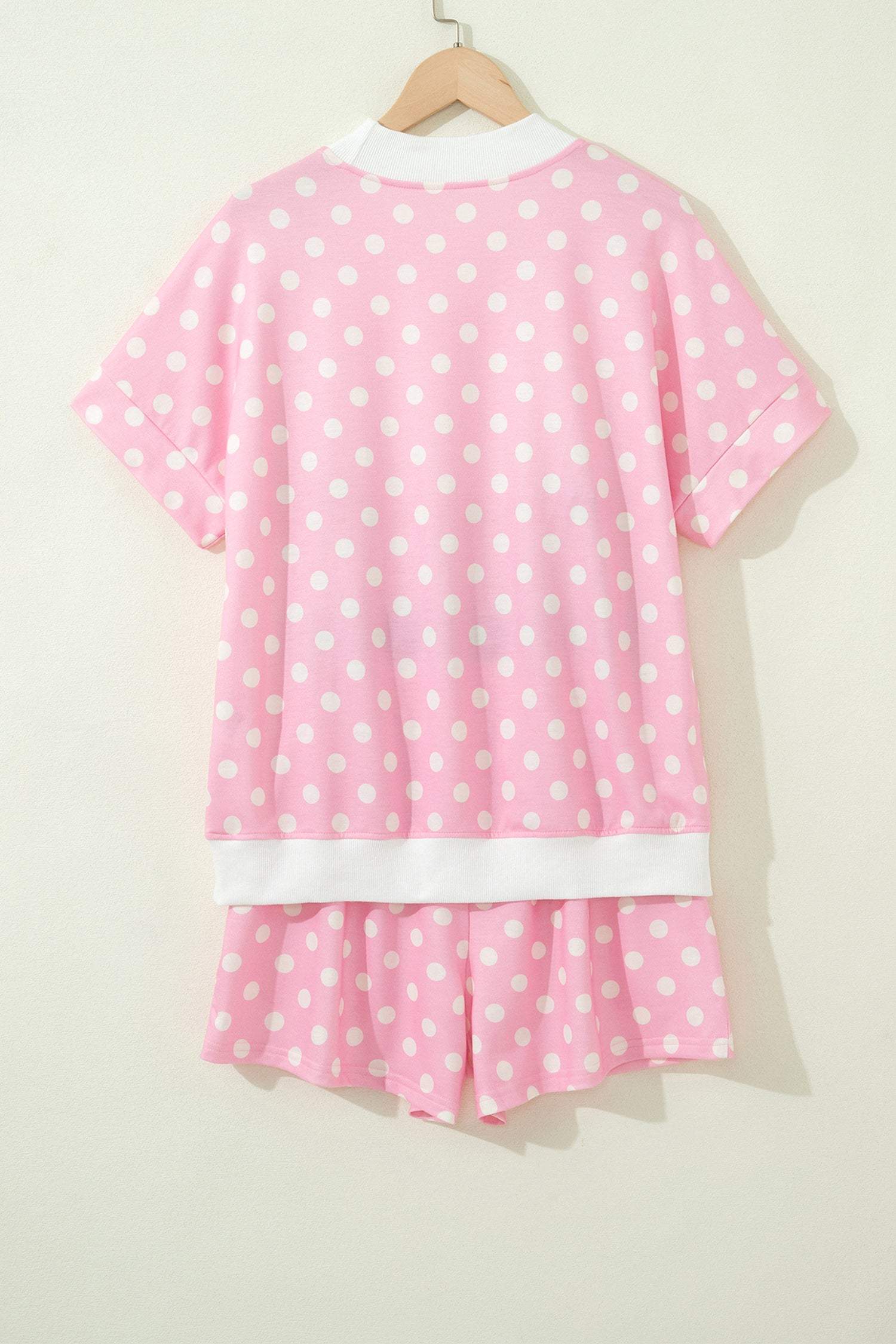 Green Polka Dot Print Color Block Trim Mock Neck Short Set