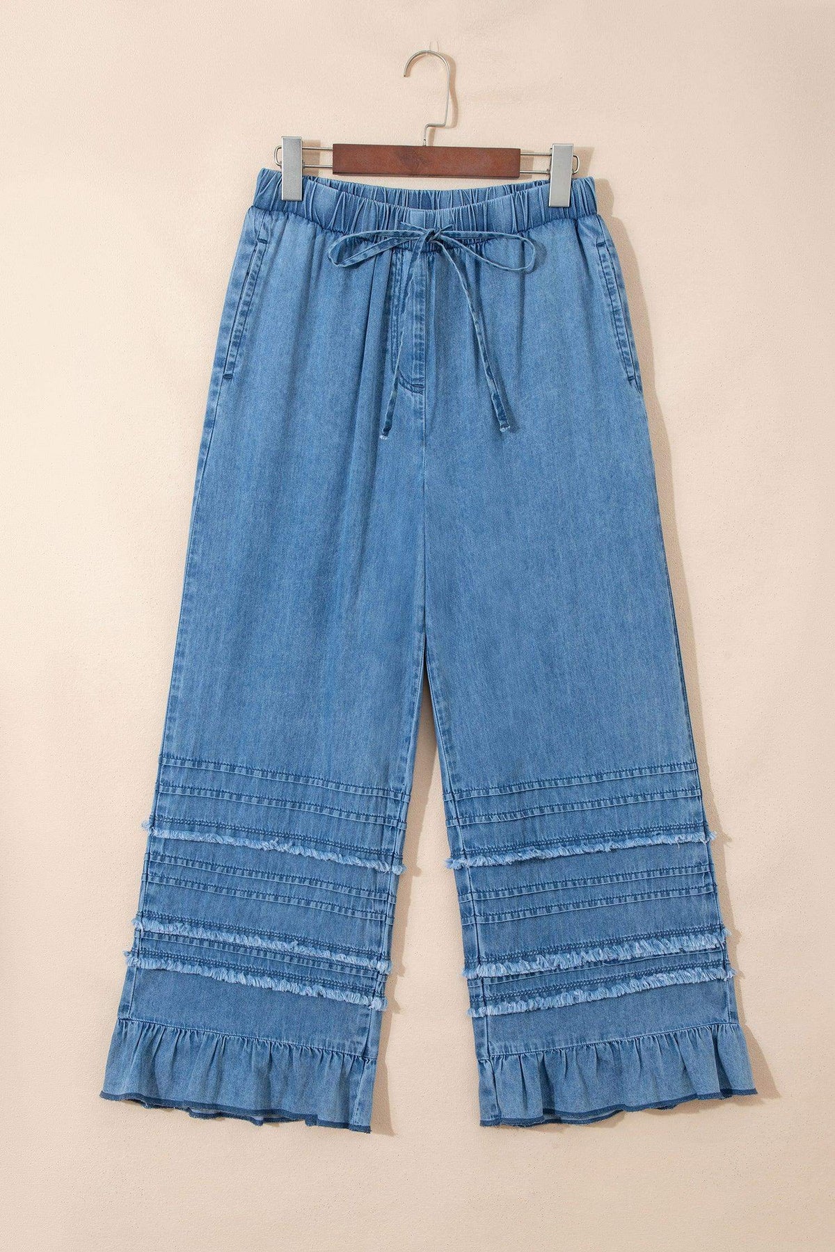 Dusk Blue Ruffled Hem Wide Leg Chambray Pants