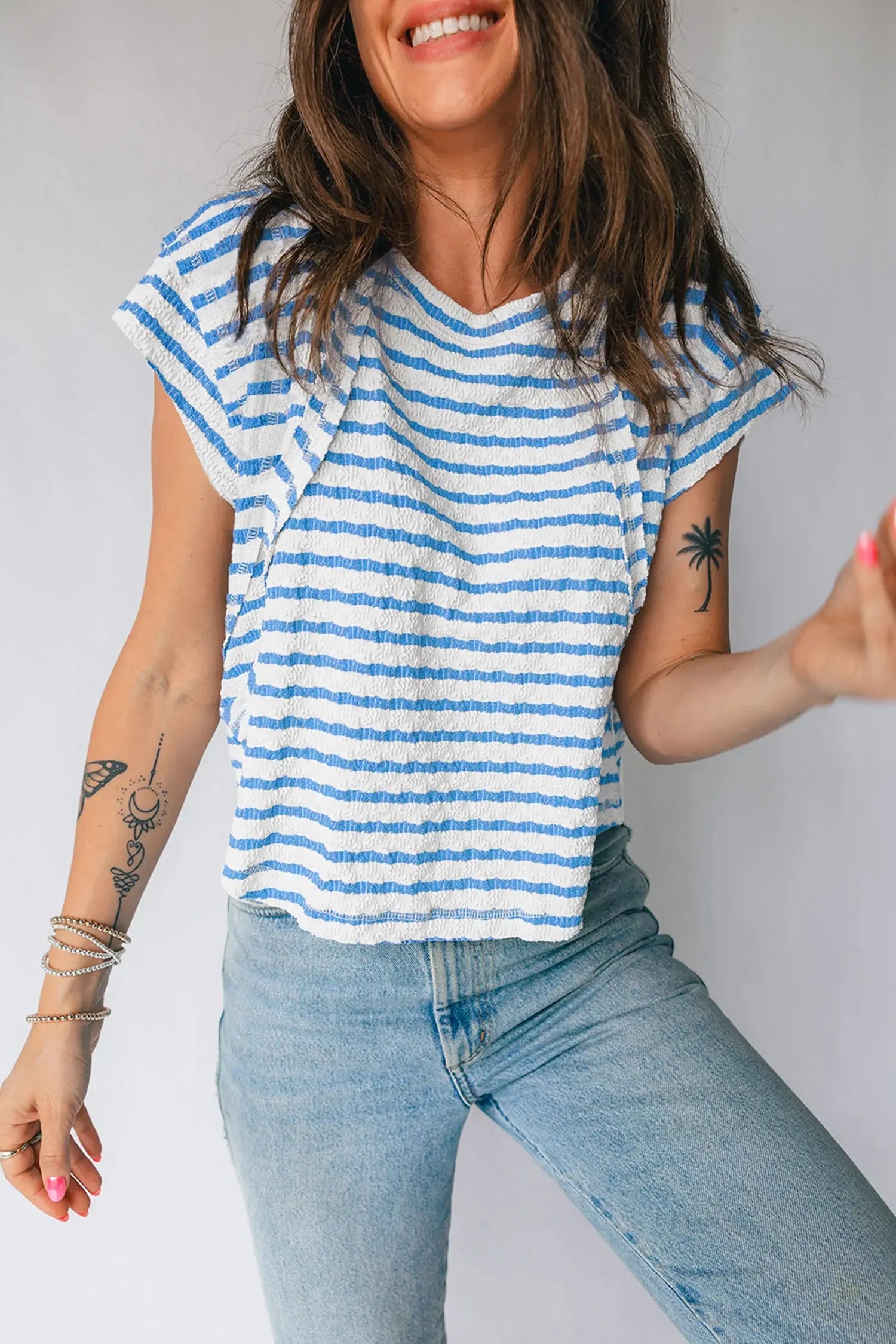 Blue Stripe Textured Short Sleeve Patchwork T Shirt
