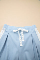 Beau Blue Lace Accent Floral Patched Pocket Pleated Wide Leg Slouchy Pants