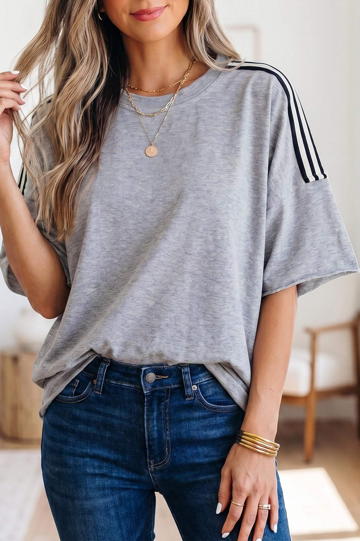Light Grey Patchwork Detail Raw Edge Oversize Tee