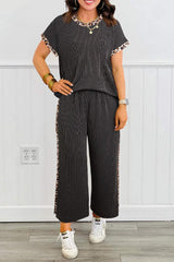 Carbon Grey Leopard Patchwork Edge Twisted Rib T Shirt and Cropped Pants Set