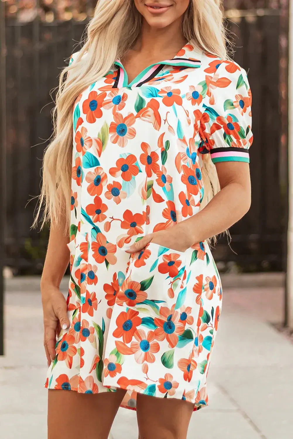 Orange Contrast Trim Floral Split Neck Puff Short Sleeve Tiered Mini Dress