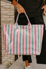 Blackish Green Glossy Striped Vinyl Large Tote Bag