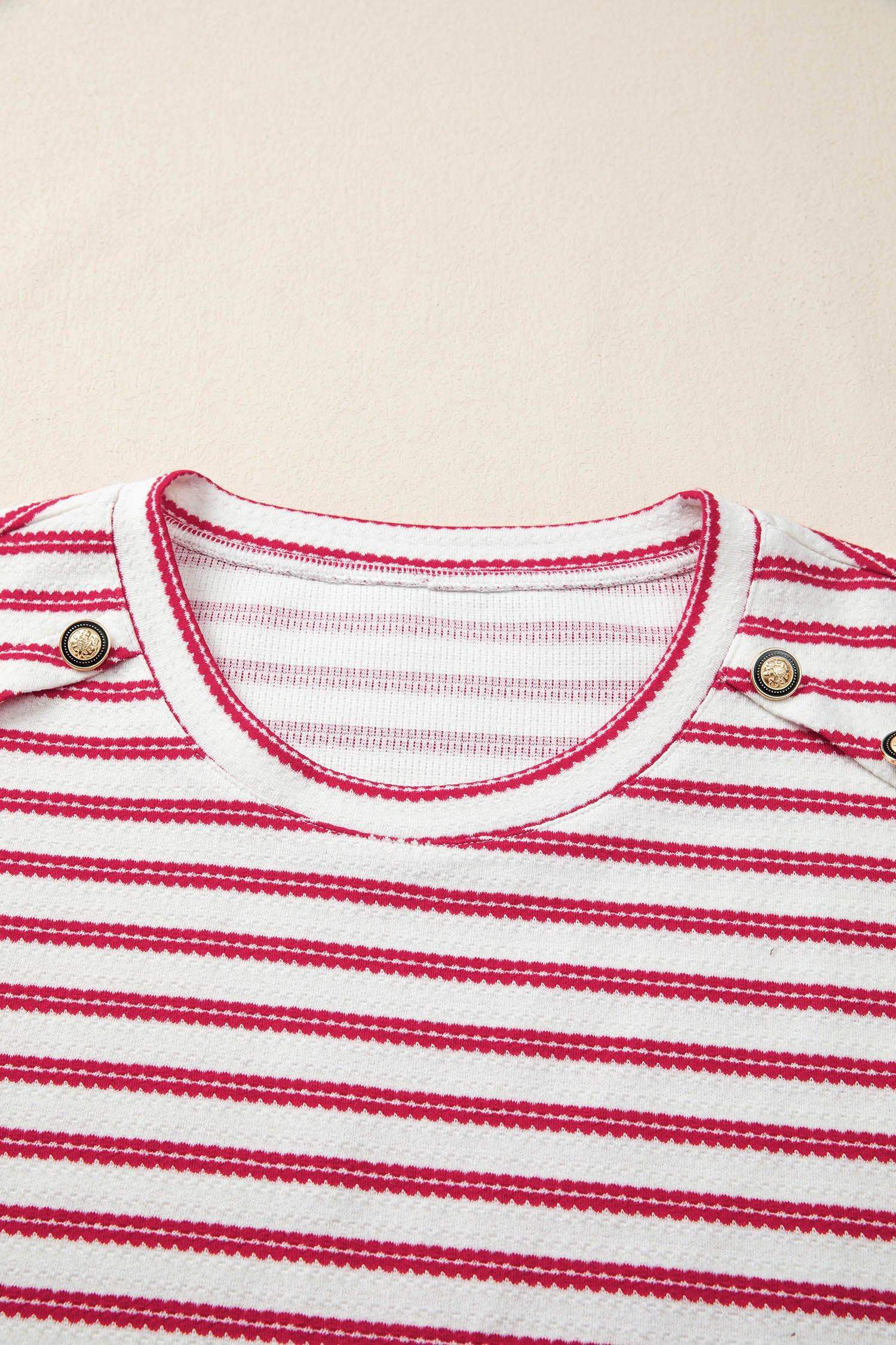 Red Stripe Textured Knit Button Detail Short Sleeve Casual Tee