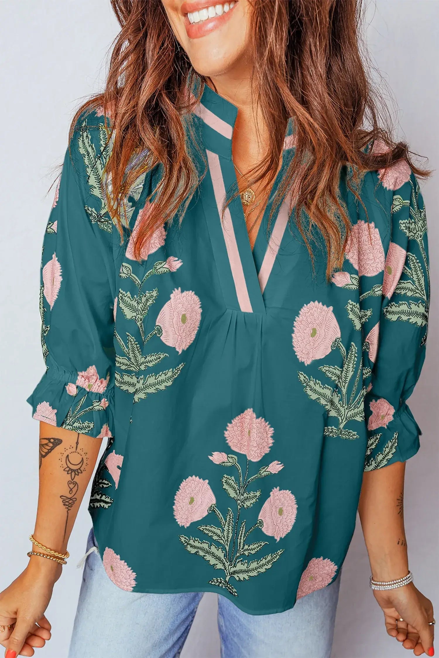 Green Casual Wild Flower Print V Neck 3/4 Sleeve Blouse