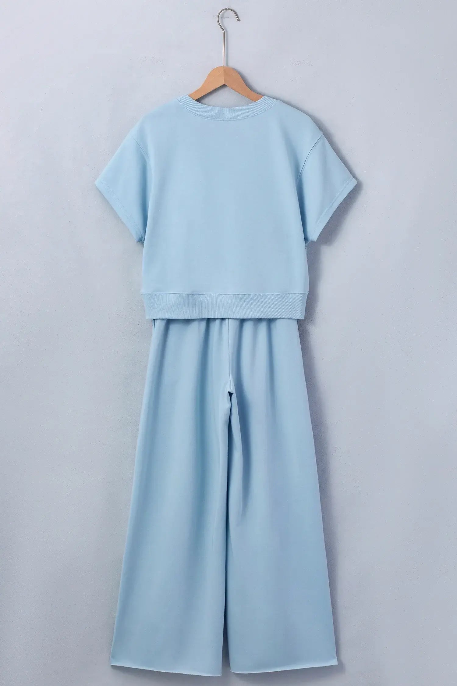 Clearly Aqua Solid Color Loose Tee Drawstring Wide Leg Pants 2pcs Outfit