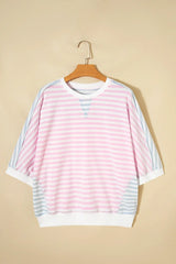 Casual Stripe Oversize Dolman Sleeve Patchwork T Shirt