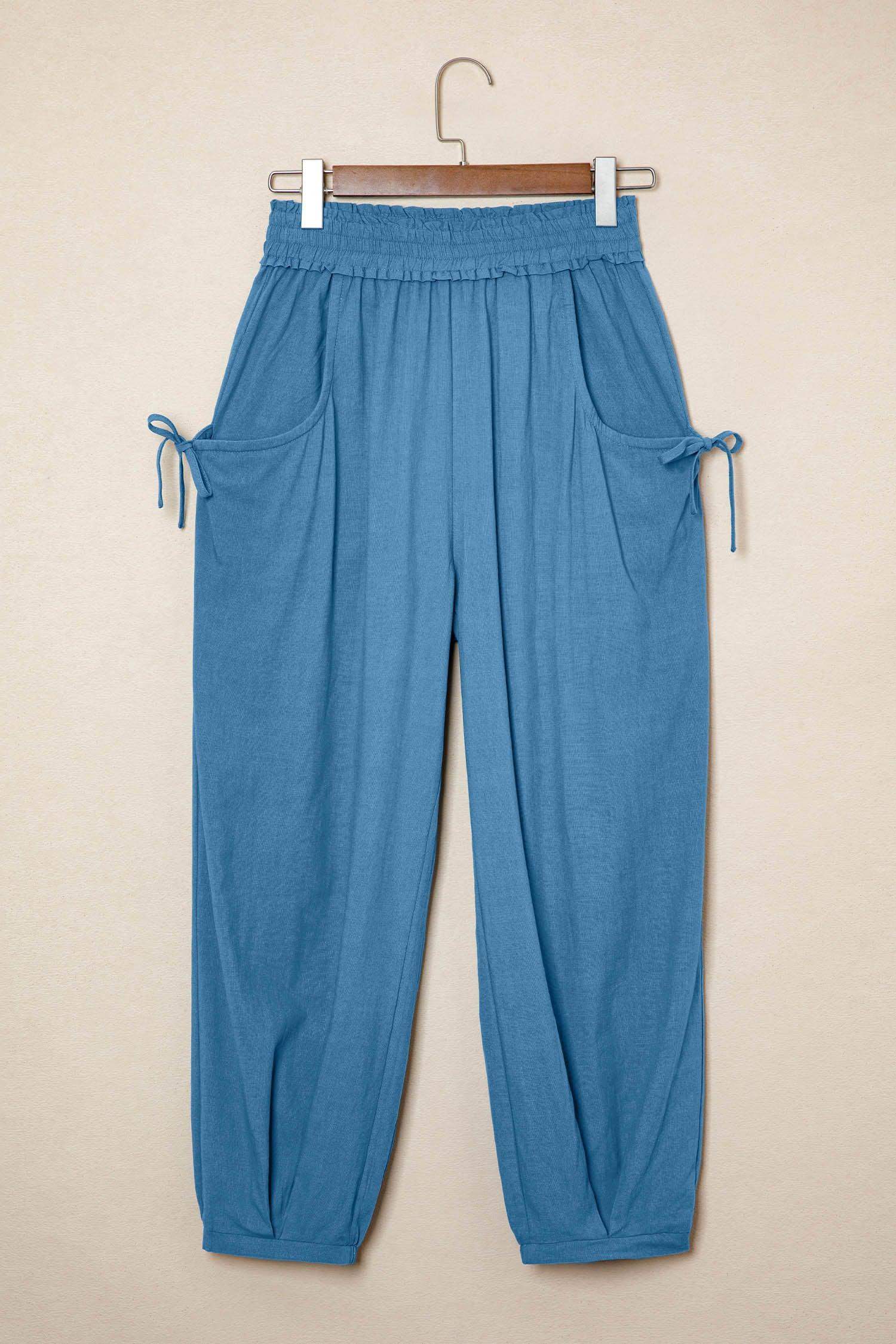 Prussian Blue Smocked Waist Casual Jogger Style Pants