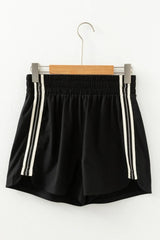 Black Elastic Waist Varsity Striped Detail Athleisure Shorts