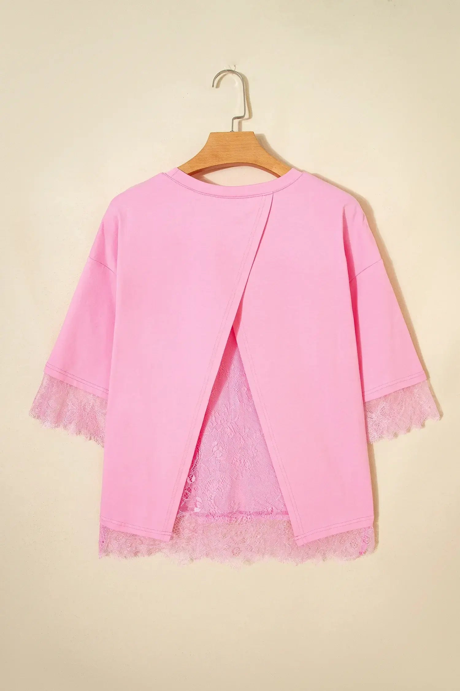 Pink Eyelash Floral Lace Patchwork Half Sleeve Oversize Tee