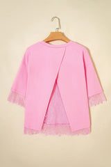 Pink Eyelash Floral Lace Patchwork Half Sleeve Oversize Tee