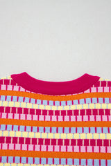 Orange Abstract Striped Knit Short Sleeve Sweater