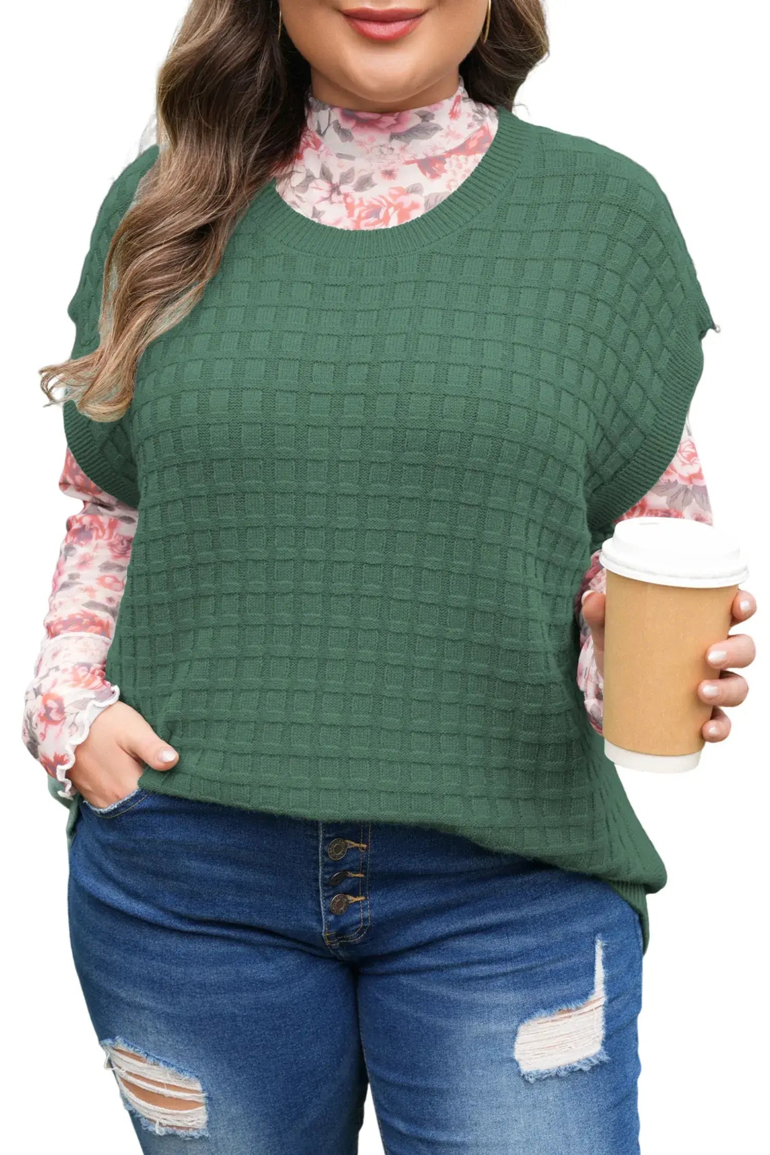Mist Green Plus Size Solid Color Textured Knit Short Sleeve Sweater