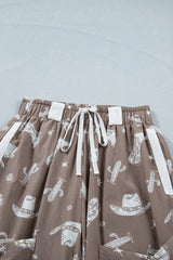 Khaki Western Cactus Cowgirl Hat Boot Printed Vintage Drawstring Jogger Pants