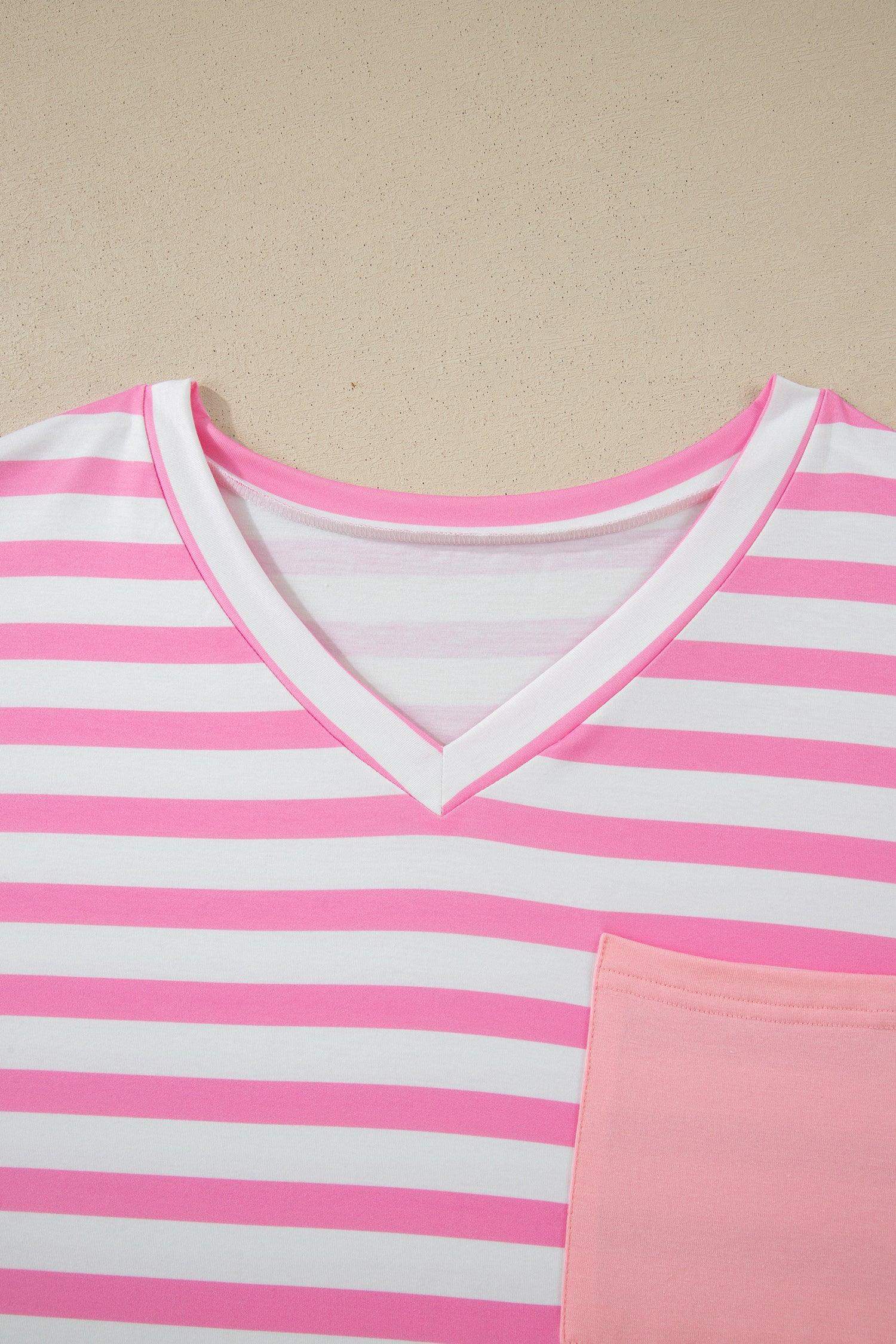 Pink Stripe Colorblock Patched Pocket V Neck Plus Size Tee