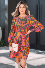 Multicolour Floral Print Long Sleeve Smocked Ruffled Mini Dress