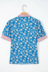 Blue Retro Floral Print Striped Trim Button Neck Short Sleeve Blouse