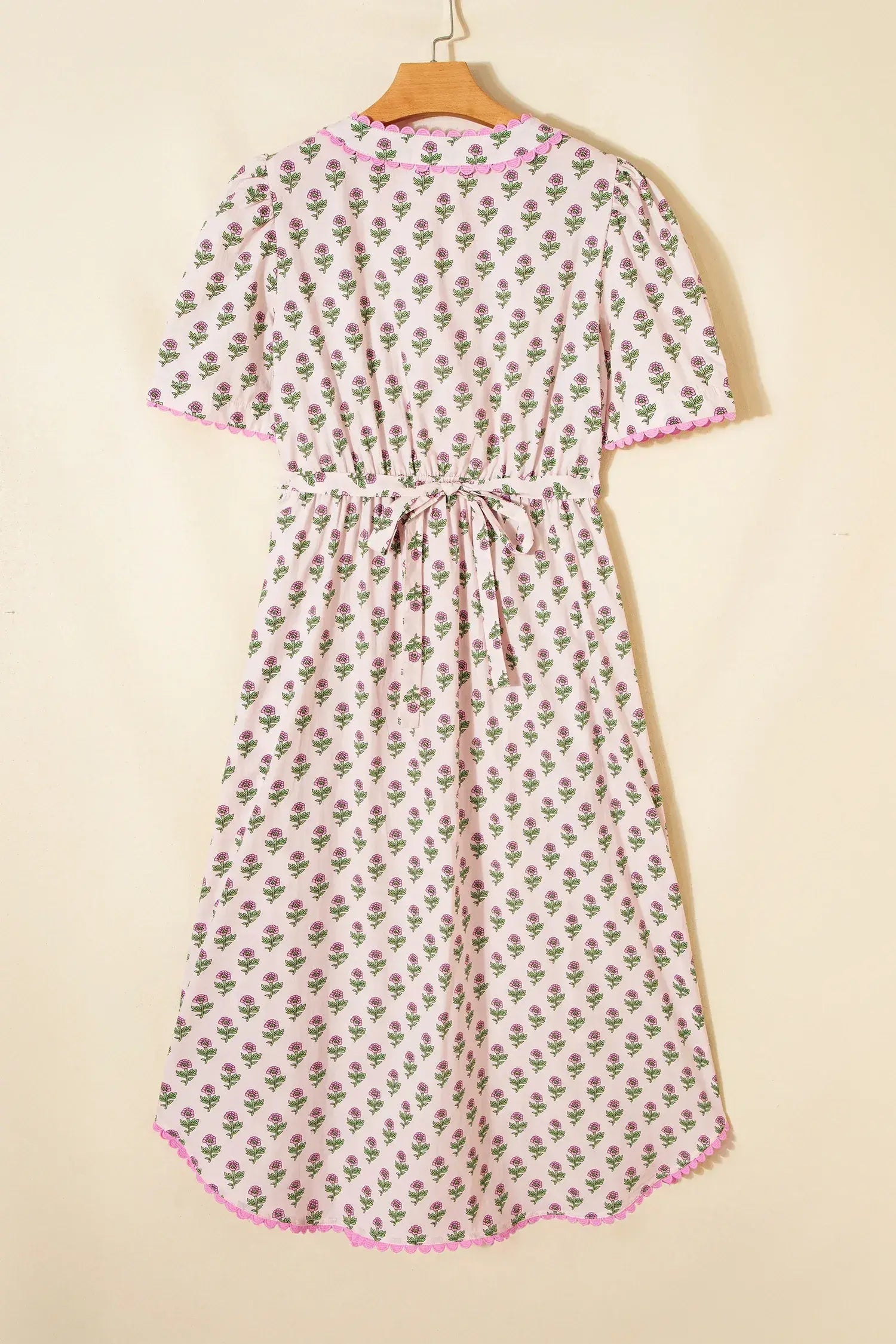 Pink Floral Print V Neck Scallop Trim Button Front Short Sleeve Long Dress