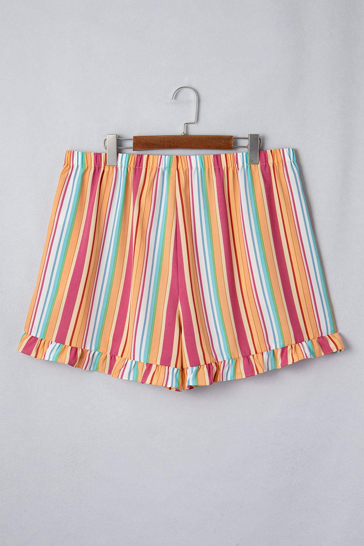 Orange Stripe Plus Size Elastic Waist Ruffle Hem Shorts