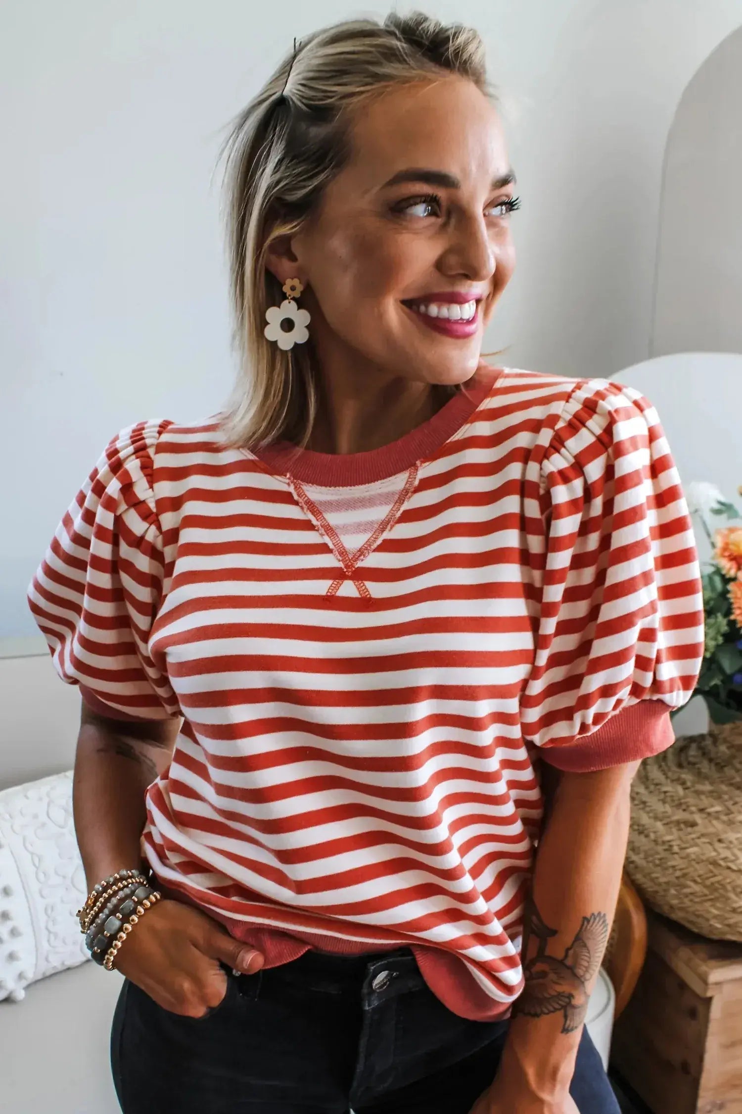 Khaki Stripe Short Bubble Sleeve T Shirt