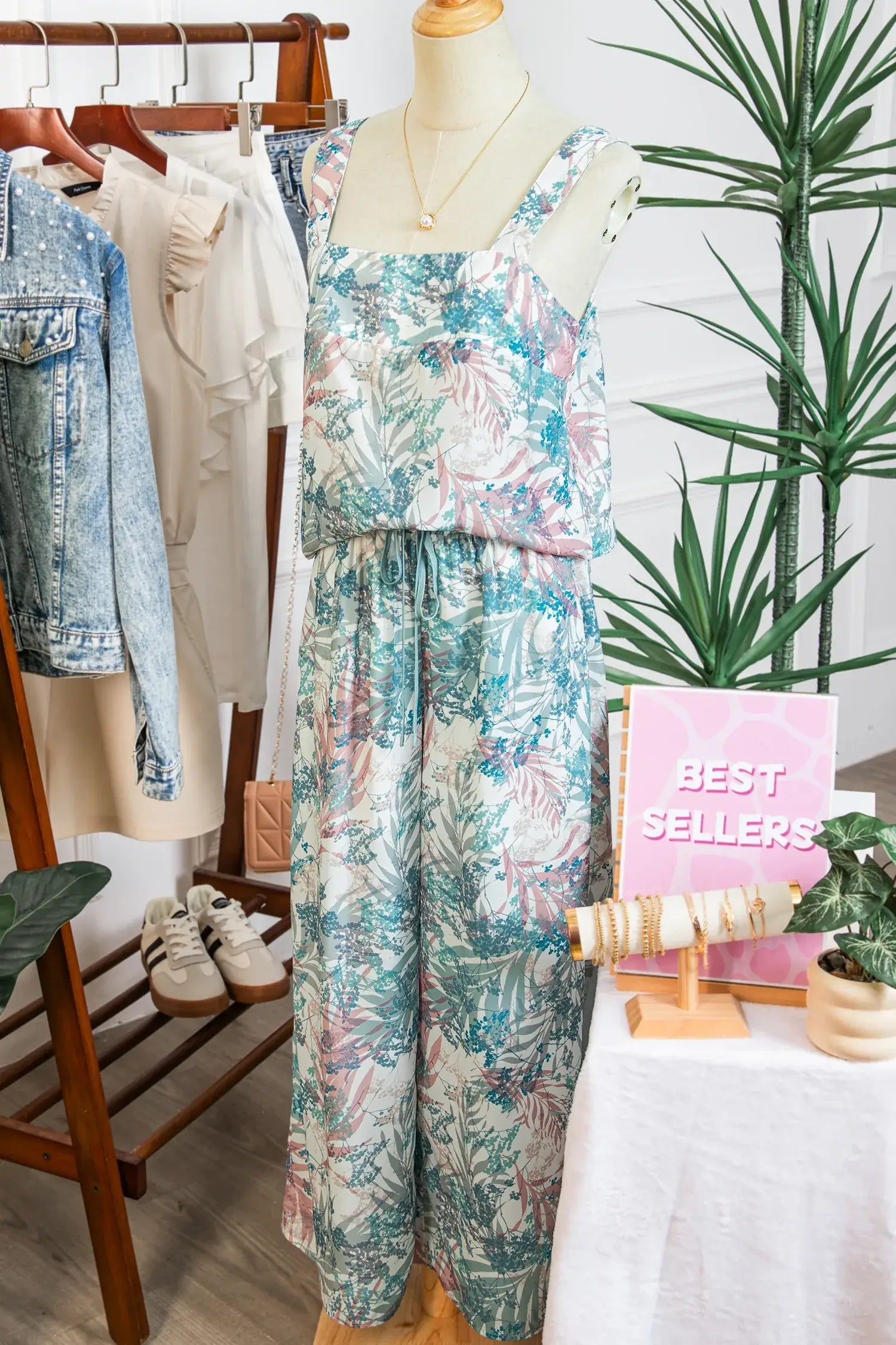 Green Tropical Palm Printed Cropped Tank Drawstring Wide Leg Pant Set
