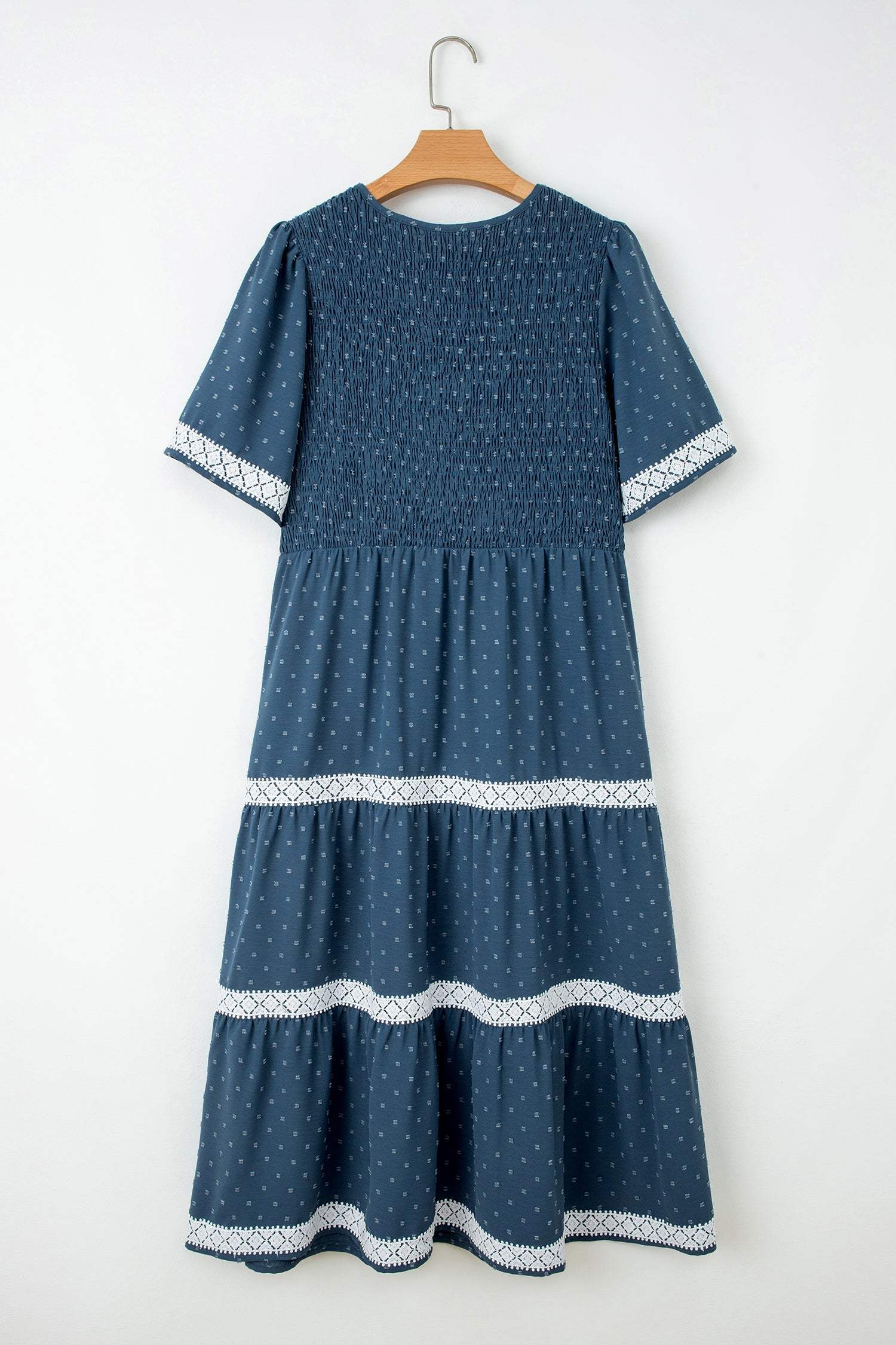 Dusk Blue Plus Size V Neck Swiss Dot Lace Patchwork Detail Flared Midi Dress