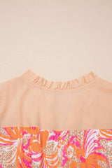 Rose Floral Print Color Block Ruffled Short Sleeve Flared Midi Dress