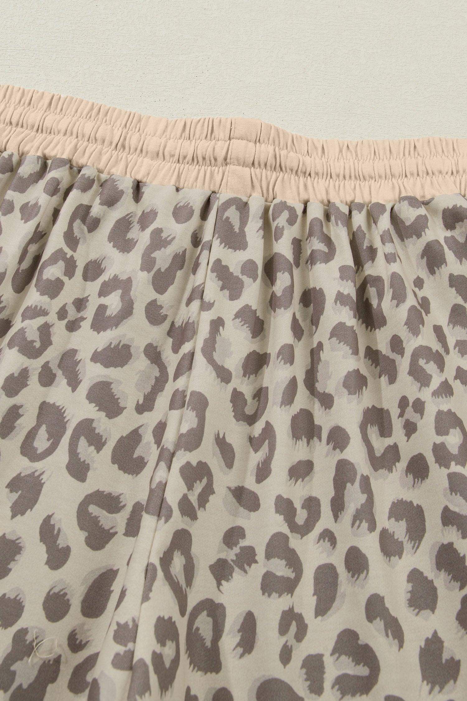 Khaki V Neck Collar Leopard Printed 2pcs Short Set