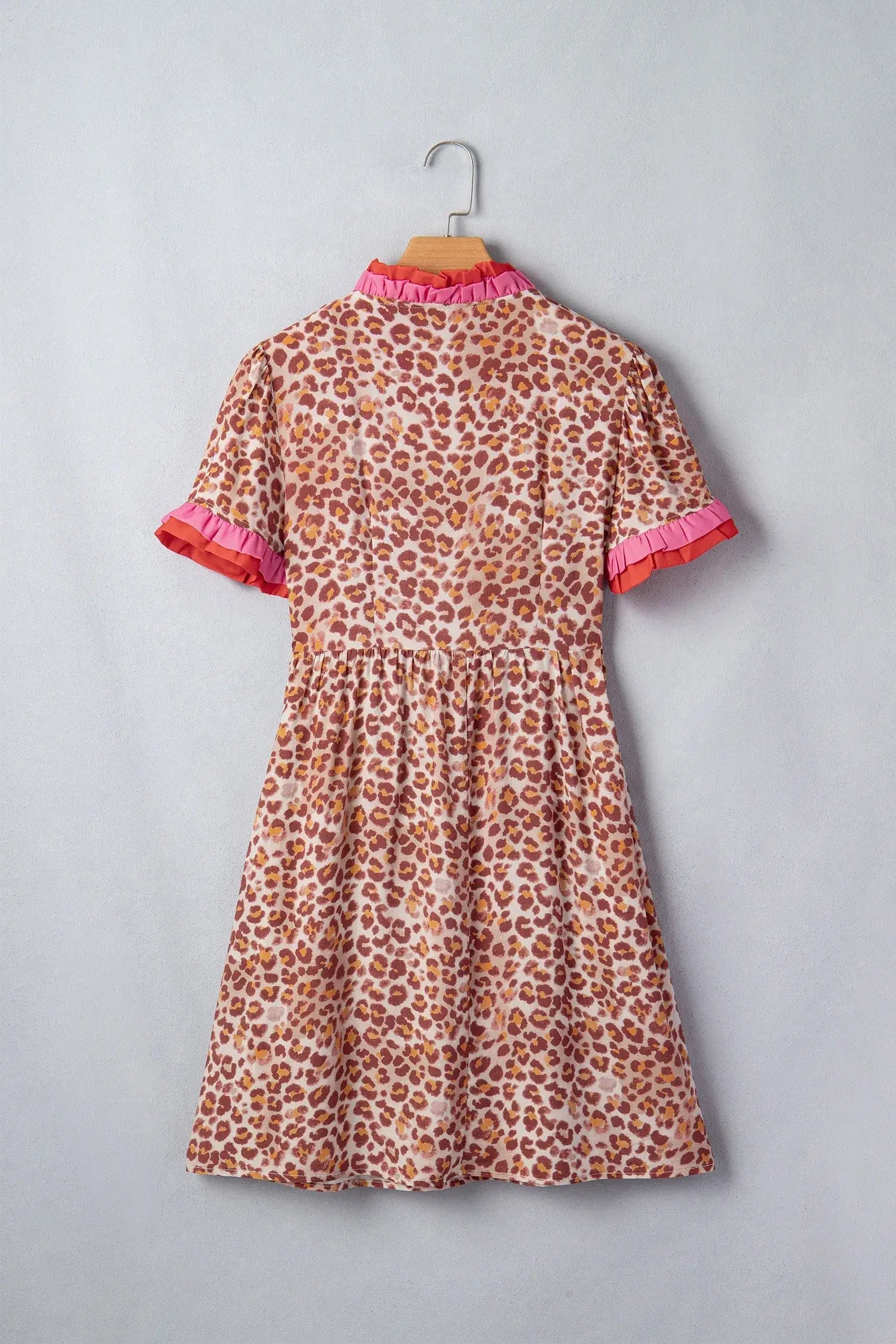 Khaki Leopard High Waist Ruffled Colorblock Trim Short Dress