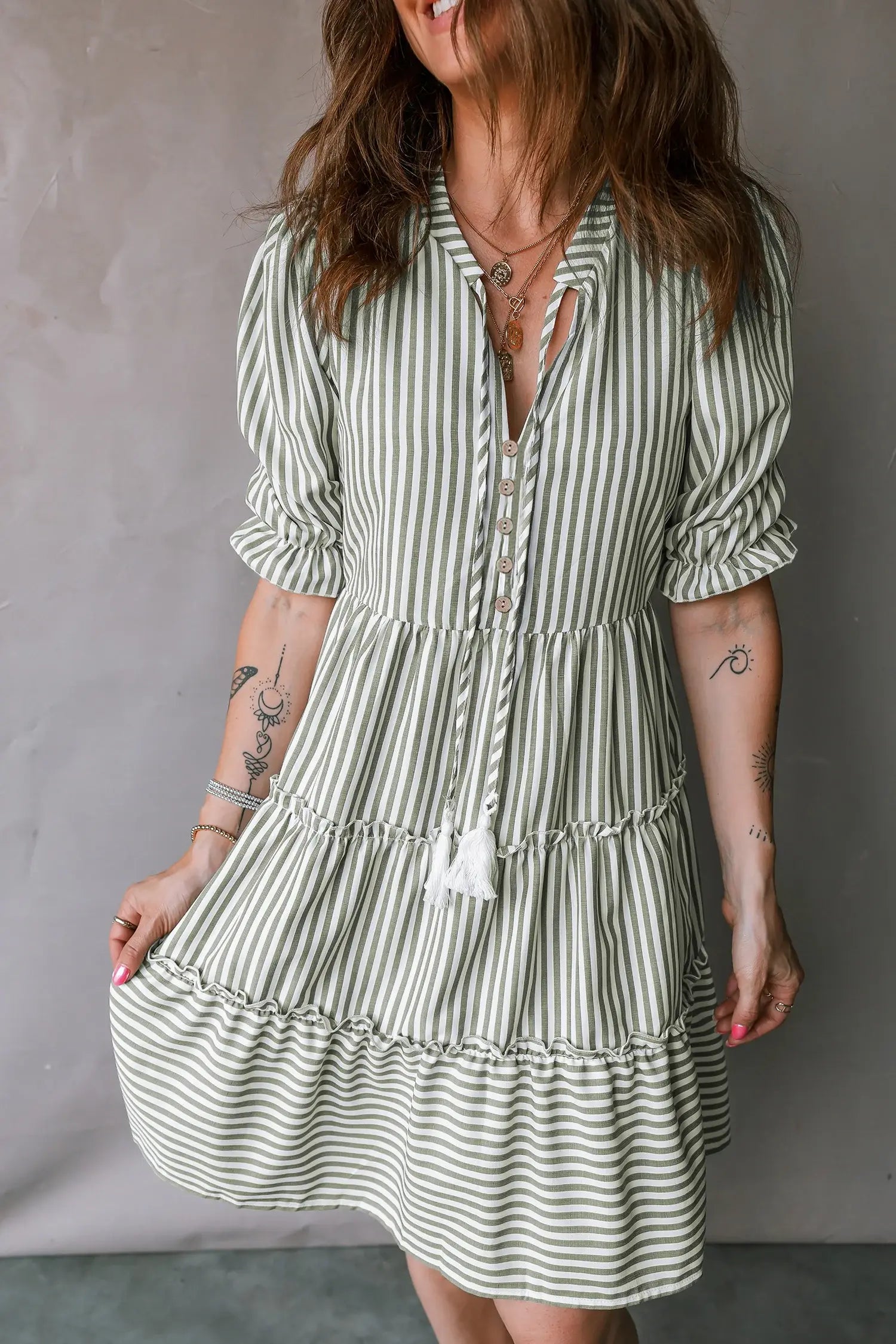 Green Stripe Tasseled Tie Neck Ruffled Short Sleeve Tiered Flattering Dress
