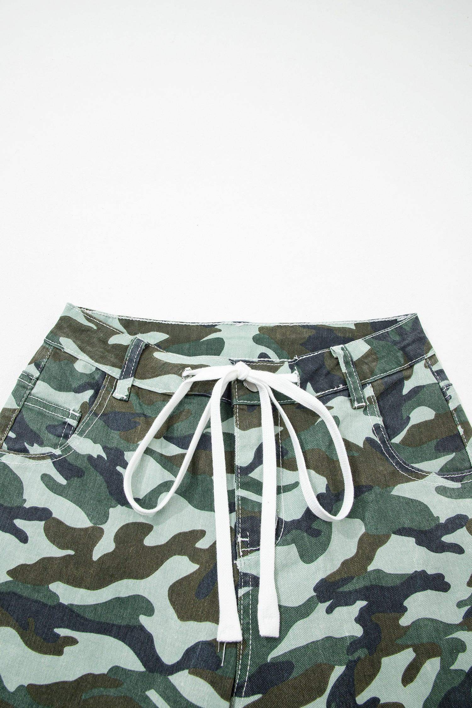 Green Camouflage Print Wide Leg Drawstring Denim Pants