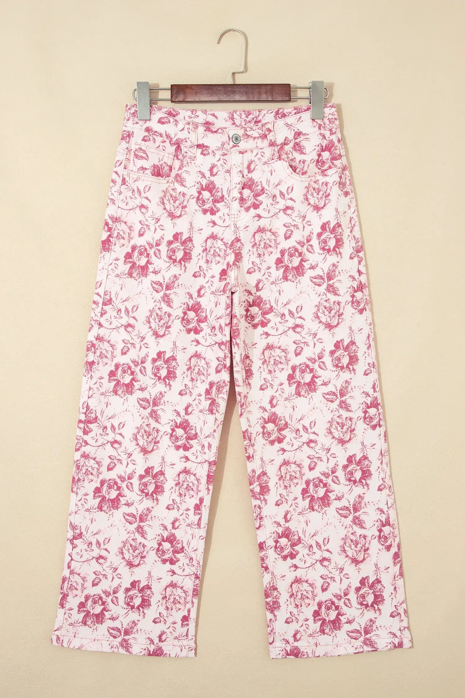 Pink Vintage Floral Print Denim Shift Pants