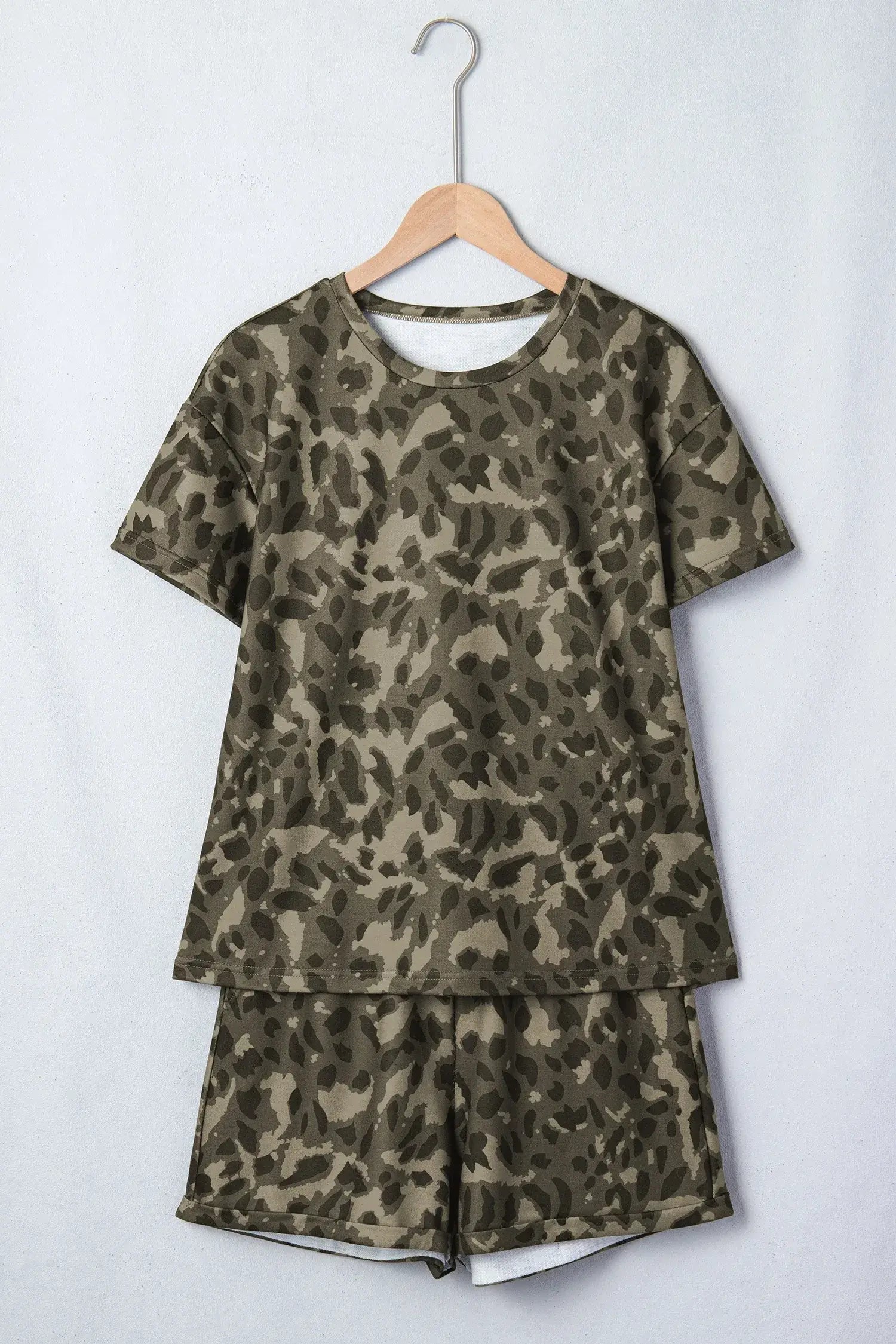 Brown Leopard Print Crew Neck Short Set